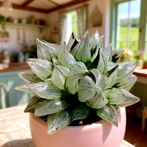 May include: A succulent plant with translucent leaves and dark stripes, potted in a light pink ceramic pot. The plant's leaves are arranged in a rosette pattern, and the background shows a kitchen setting with natural light.