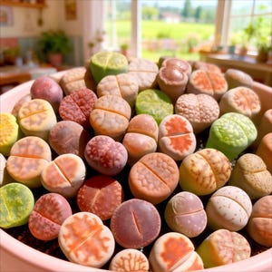 May include: A collection of colorful living stone plants, also known as Lithops, in a pink pot. The plants display a variety of colors, including green, orange, red, and beige. The split-leaf succulents are arranged closely together, creating a textured appearance.