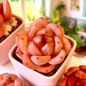 May include: A close-up of a succulent plant with peach-colored leaves and small red tips, planted in a square pink pot. The plant has a rosette shape. Another similar plant is visible in the background.