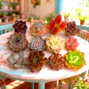 May include: A collection of colorful succulent plants arranged on a round, light blue table. The succulents display a variety of colors, including green, red, orange, and purple. The table has a floral design and is in a well-lit room.
