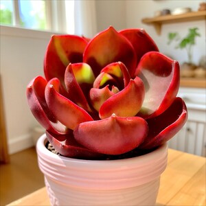 May include: A vibrant red succulent plant with yellow and green accents, potted in a light pink ceramic pot. The plant's fleshy leaves are arranged in a rosette shape. The pot has a ribbed design.