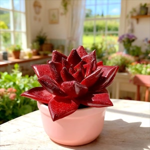 May include: A vibrant, deep red succulent plant in a small, light pink ceramic pot. The succulent has tightly packed, pointed leaves. The pot is round and smooth, sitting on a wooden surface. The background is a bright, sunlit room with plants.