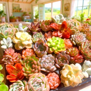 May include: A collection of colorful succulents in various shapes and sizes. The plants display shades of green, orange, red, and yellow. The arrangement is in a dark tray, with a bright, natural background.
