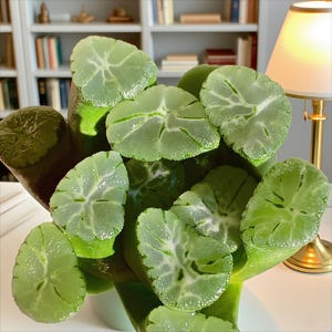 May include: Close-up of a succulent plant with translucent, light green leaves. The leaves have a unique, textured appearance with visible veining. The plant is in a white pot, with a blurred background of a bookshelf and a lamp.