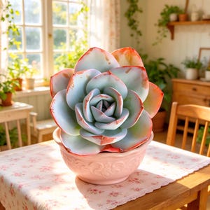 May include: A large, artificial succulent plant with pale blue-green leaves edged in red and orange, displayed in a pink, ornate ceramic bowl. The plant sits on a wooden table covered with a floral patterned tablecloth, creating a decorative home accent.