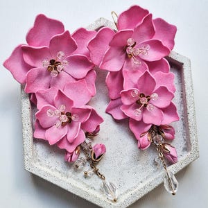Ręcznie robione różowe kolczyki kwiatowe – elegancka biżuteria ze złoconymi elementami Romantyczny Prezent dla niej Flower Earrings