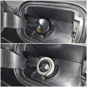 May include: Two-panel image showing a car's fuel door and gas cap. The top panel shows a closed, black fuel door with a shiny, black gas cap. The bottom panel shows the fuel door open, revealing a silver gas cap.