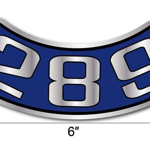 May include: A curved, blue and silver emblem with the number "289" in silver. The emblem is approximately 15 cm wide. The numbers are in a bold, sans-serif font, and the emblem has a silver border.