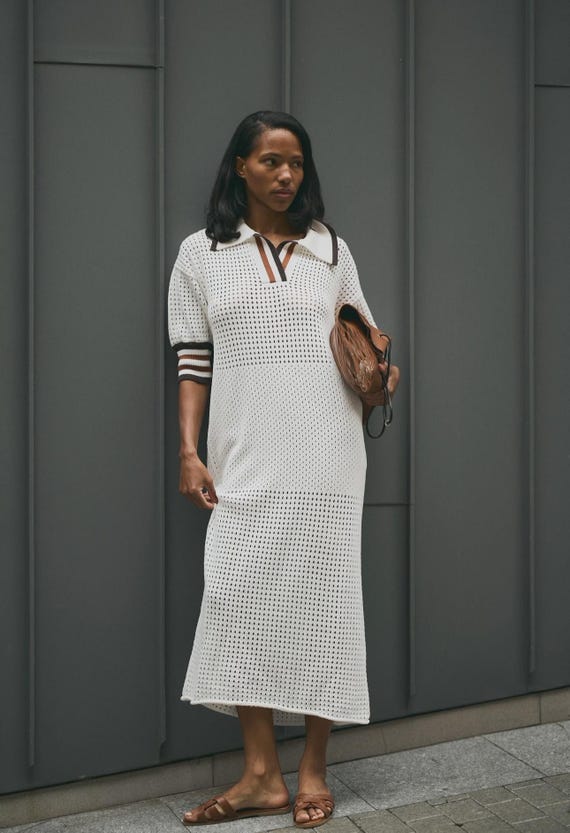 open knit midi dress Oversized Polo Dress, Crochet Style Mesh Gown, Striped Cuff vintage lame