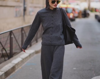 Wool pants “Palazzo” women wide leg knit trousers elegant minimalist style