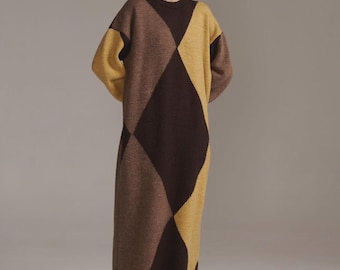 Merinowol diamantgebreide gezellige winterjurk oversized boho truijurk