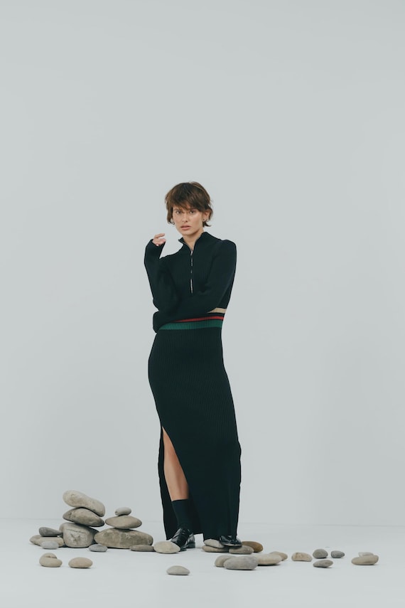 zip front knit dress Zipper Detail Long Sleeve Sweater High Neck, Zakia Mini Dress in Brown, Size XS,