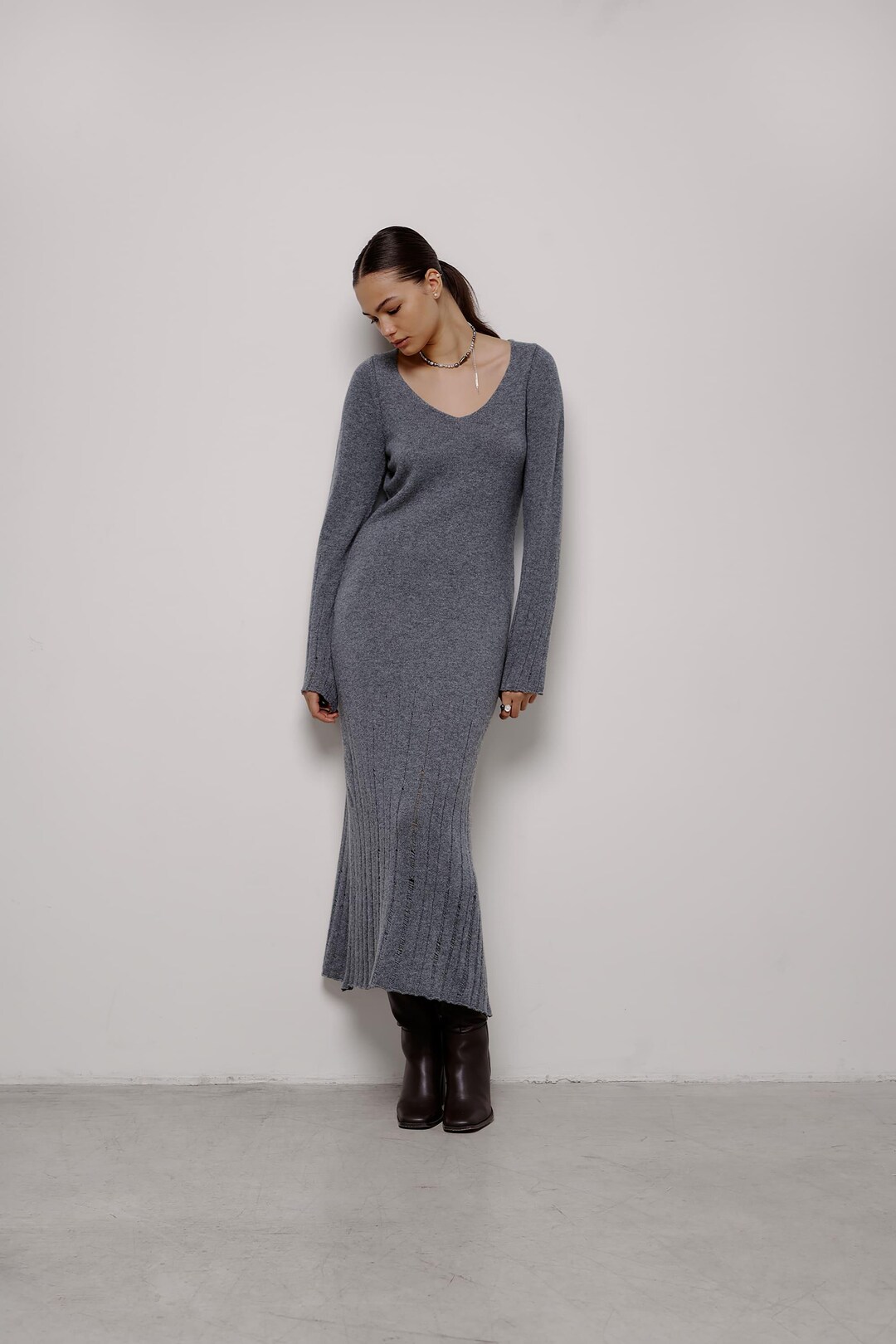 Long Maxi Dress Sleeve Sweater Knit Dresses Beige Ribbed Knit Dress  Asymmetrical Midi Dress Sweater Dress