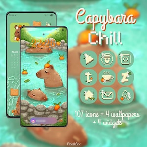 May include: A phone screen displays a pixelated capybara theme with the text "Capybara Chill." The theme includes 107 icons, 4 wallpapers, and 4 widgets. The background features a capybara in water with oranges.