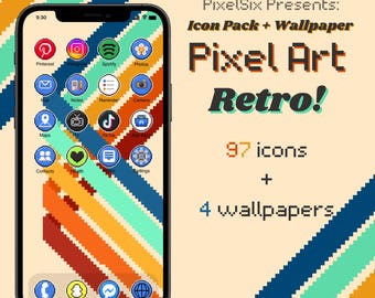 Pacchetto di icone per app in stile Pixel Art Retro / Tema estetico vintage per iPhone e Android / Icone iOS personalizzate + sfondi / Pacchetto di icone personalizzabili