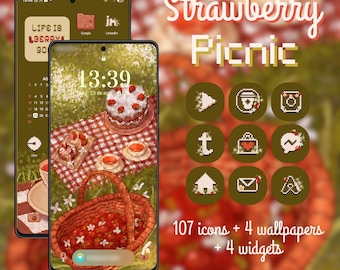 Pixel Art Strawberry Picnic Icon Pack | Cute Kawaii Aesthetic iOS & Android Theme | Custom Icons, Widgets and Wallpapers for iPhone/Samsung