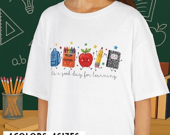 Back to School Supplies Lineup Youth Tee |  apple backpack pencil crayon