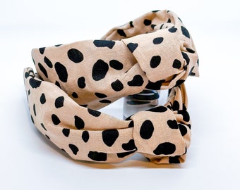Natural Linen Knot Headbands in Pink Animal Print, Dusky Pink cheetah leopard spotted gift headbands, linen hair accessories