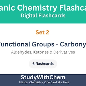 May include: Digital flashcards for organic chemistry. The image features the text "Organic Chemistry Flashcards" and "Digital Flashcards" at the top. The flashcards cover "Functional Groups - Carbonyls" and include "Aldehydes, Ketones & Derivatives".