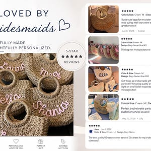 May include: A collection of woven straw handbags with round handles, each featuring a name embroidered in pink yarn on the front. The image includes text reading LOVED BY Bridesmaids, BEAUTIFULLY MADE, THOUGHTFULLY PERSONALIZED, and 5-STAR REVIEWS.