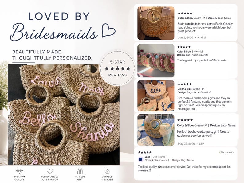 May include: A collection of woven straw handbags with round handles, each featuring a name embroidered in pink yarn on the front. The image includes text reading LOVED BY Bridesmaids, BEAUTIFULLY MADE, THOUGHTFULLY PERSONALIZED, and 5-STAR REVIEWS.