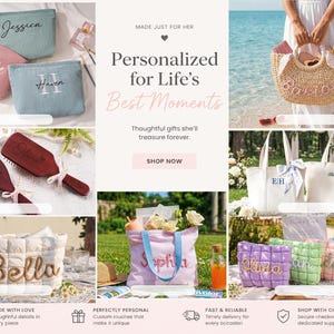 May include: A collection of personalized items including zippered pouches with embroidered names, a straw tote bag, wooden hairbrushes, and quilted fabric bags with large stitched lettering. The display features various colors and custom text designs.
