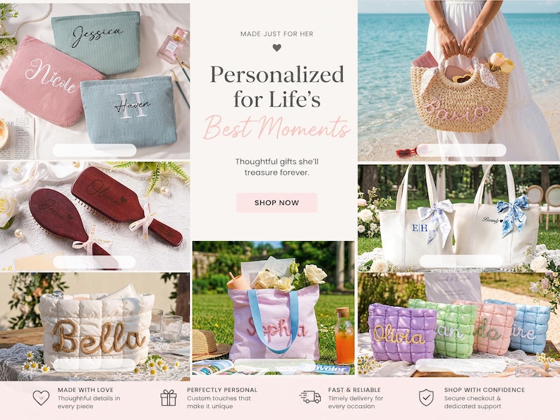 May include: A collection of personalized items including zippered pouches with embroidered names, a straw tote bag, wooden hairbrushes, and quilted fabric bags with large stitched lettering. The display features various colors and custom text designs.