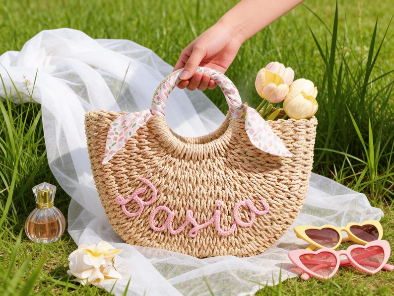 May include: A woven straw handbag featuring a semi-circular shape and two round handles wrapped in a floral fabric. The front of the bag displays the name Basia in pink cursive yarn lettering. The bag is accompanied by a perfume bottle and sunglasses.