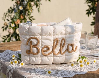 Personalized Quilted Makeup Bag, Custom Quilted Zipper Pouch, Travel Makeup Bag, Bridesmaid Gift Bag, Bachelorette Gift, Gift for Her