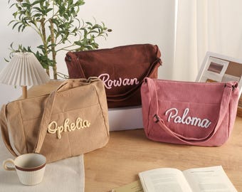 Bolso bandolera de pana personalizado, bolso esencial para el día a día, bolso tote de pana con correa ajustable, bolso bandolera de viaje, regalo para ella