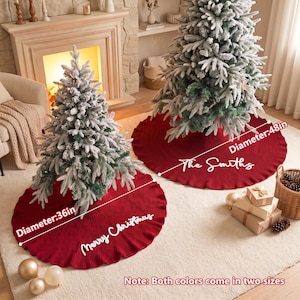 May include: Two round red knitted Christmas tree skirts with ruffled edges. One skirt features the white text Merry Christmas and a 36-inch diameter. The other skirt features the white text The Smiths and a 48-inch diameter. Both are displayed under flocked trees.