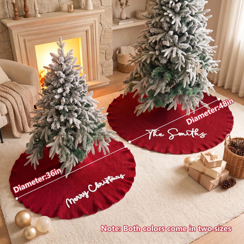 May include: Two round red knitted Christmas tree skirts with ruffled edges. One skirt features the white text Merry Christmas and a 36-inch diameter. The other skirt features the white text The Smiths and a 48-inch diameter. Both are displayed under flocked trees.