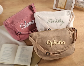 Personalized Retro Corduroy Bag, Shoulder Bag with Adjustable Strap, Corduroy Crossbody Bag, Gifts for Her, Everyday Tote with Zipper