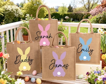 Personalized Jute Easter bag, Easter Bunny Bag With Name, Bunny Egg Hunt Tote Bags, Kids Egg Hunt Bags, Easter Baskets, Easter Gift Bag