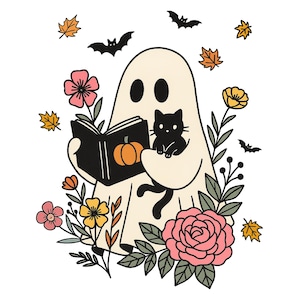 以下が含まれることがあります： カボチャの表紙の本を読んでいるお化けの気まぐれなイラスト。黒猫を抱えています。お化けは、ピンク、黄色、オレンジ、黒の色合いの花、葉、コウモリに囲まれています。白い背景です。