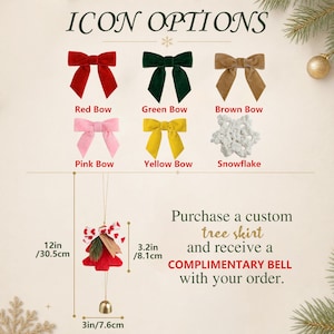 May include: A display of icon options including a red bow, green bow, brown bow, pink bow, yellow bow, and white snowflake. A red tree ornament with a heart-patterned ribbon and a gold bell is shown with dimensions of 12in, 3.2in, and 3in.