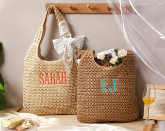 Custom Embroidery Raffia Straw  Beach Bag, Bridesmaid Gift, Wedding Tote, Bachelorette Party Favor,  Name or Initials