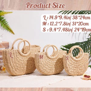 May include: Three beige woven straw handbags in large, medium, and small sizes, each with two round handles. Text indicates sizes: L 14.9 by 9.4 inches, M 12.2 by 7.8 inches, and S 9.4 by 7.48 inches. The bags are labeled with L, M, and S letters.