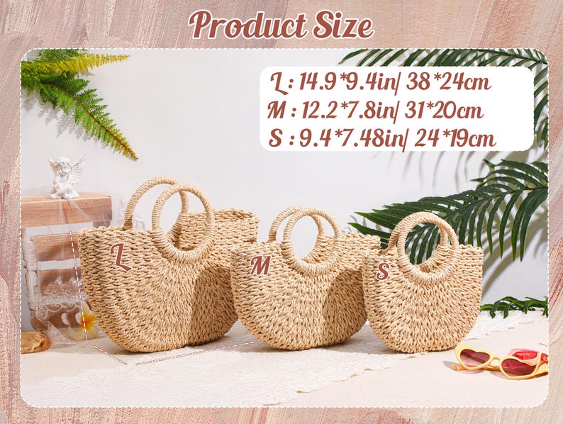 May include: Three beige woven straw handbags in large, medium, and small sizes, each with two round handles. Text indicates sizes: L 14.9 by 9.4 inches, M 12.2 by 7.8 inches, and S 9.4 by 7.48 inches. The bags are labeled with L, M, and S letters.