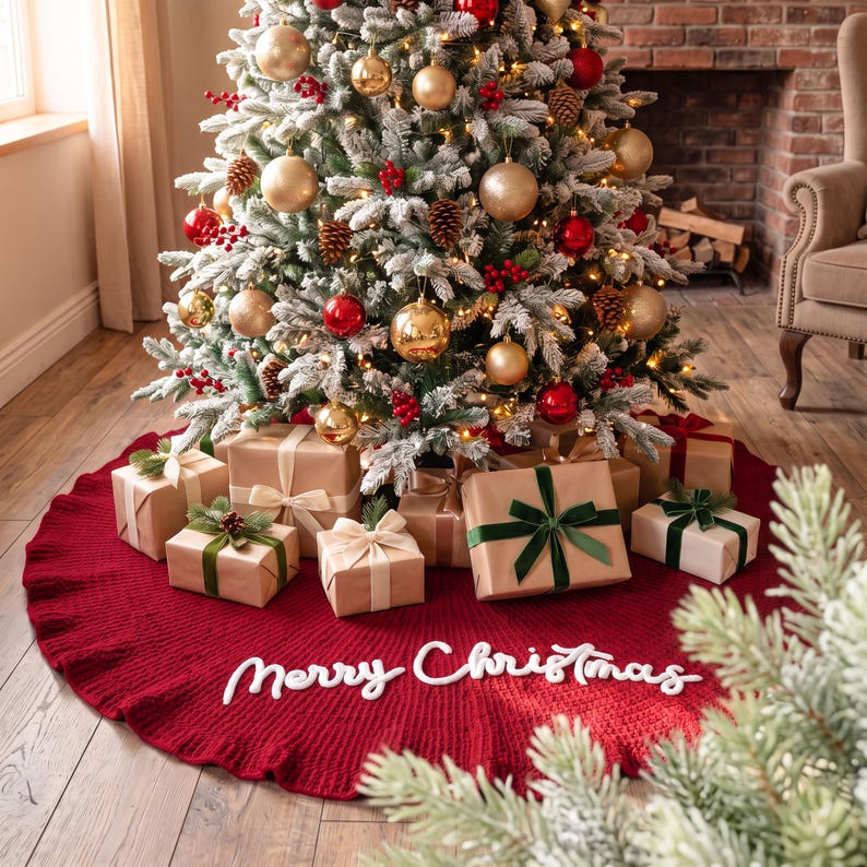 May include: A circular, deep red knitted Christmas tree skirt with a ruffled edge and the white cursive text Merry Christmas embroidered on the front. The skirt is placed under a flocked Christmas tree decorated with gold and red ornaments.