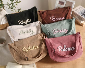 Bolso de pana retro personalizado, bandolera de pana, bandolera con correa ajustable, regalo para ella, bolso de diario con cremallera.