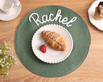 Tovagliette personalizzate con nome, tovagliette rotonde intrecciate, decorazioni nordiche per la tavola, tovagliette con monogramma, regalo per la nuova casa, regalo per l'inaugurazione della casa, decorazioni per la casa