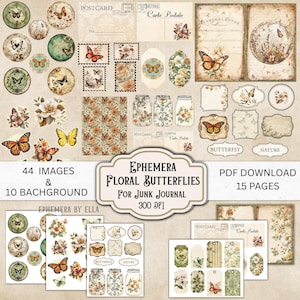 Vintage Butterfly Ephemera Collage Sheet: Floral Junk Journal (PDF Download)