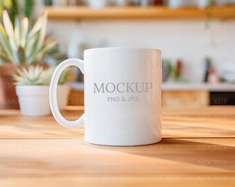 Boho Minimalist Mug Mockup 11 oz White Ceramic | Lifestyle Kitchen Scene | PNG JPG