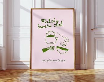 Matcha Lovers Club väggkonsttryck, rosa Matcha väggkonst, kaffeposter, kaffebardekor, digital nedladdning