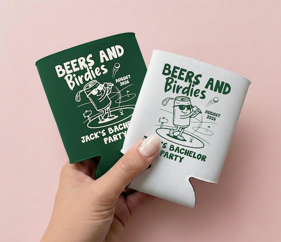Beers and Birdies Can Cooler, Golf Party Favor, Custom Name Drink Sleeve, Golf Theme Gift, Groomsmen Party Favor, Bachelor Trip Gift