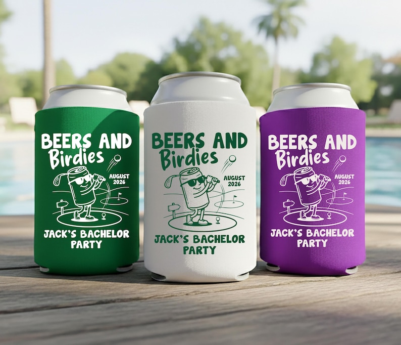May include: Three can coolers in green, white, and purple. Each cooler has the text "BEERS AND Birdies" and "Jack's Bachelor Party". A cartoon golf-themed graphic is also featured, along with the date "August 2026".