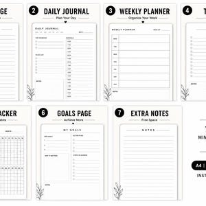 Könnte beinhalten: Ein minimalistischer, druckbarer Planer mit sieben Seiten, darunter eine Notizseite, ein Tagesjournal, ein Wochenplaner, eine To-Do-Liste, ein Gewohnheitstracker, eine Zielseite und zusätzliche Notizen. Die Seiten sind schwarz und weiß.