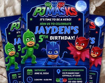 Plantilla de invitación de cumpleaños de PJ Masks, invitación de cumpleaños infantil de superhéroes editable, invitación para fiesta de superhéroes, fiesta de cumpleaños, descarga de Canva