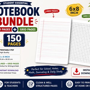 May include: A notebook bundle with lined and grid pages. The bundle includes 150 pages and is 6 x 8 inches. The text on the image says "Student Essential Notebook Bundle" and "Instant Download". Perfect for school, notes, math, journaling, and daily study.